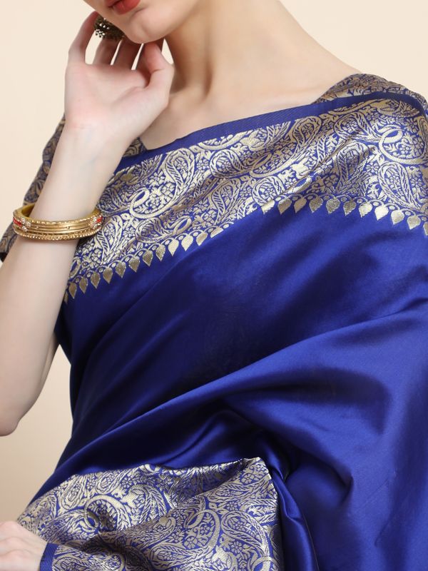 Royal Blue Banarasi Soft Silk Saree with Silver Gold Paisley Border
