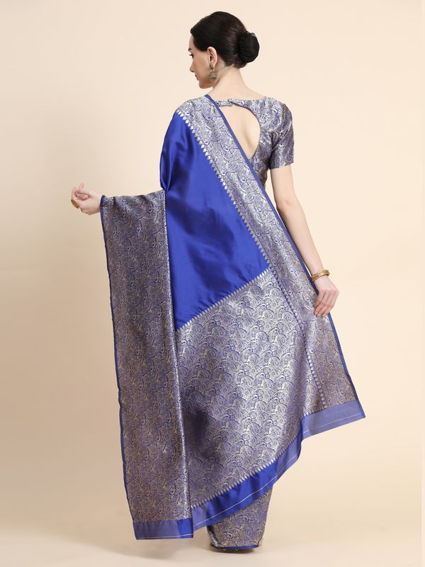 Royal Blue Banarasi Soft Silk Saree with Silver Gold Paisley Border