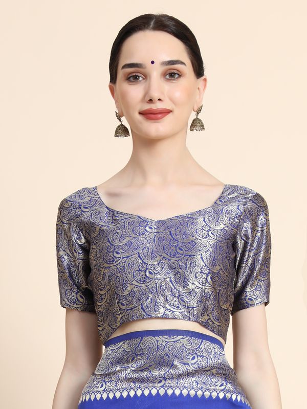 Royal Blue Banarasi Soft Silk Saree with Silver Gold Paisley Border
