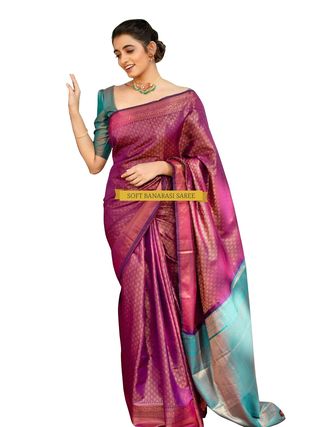 Purple Pink Banarasi Soft Silk Saree with Blue Pallu