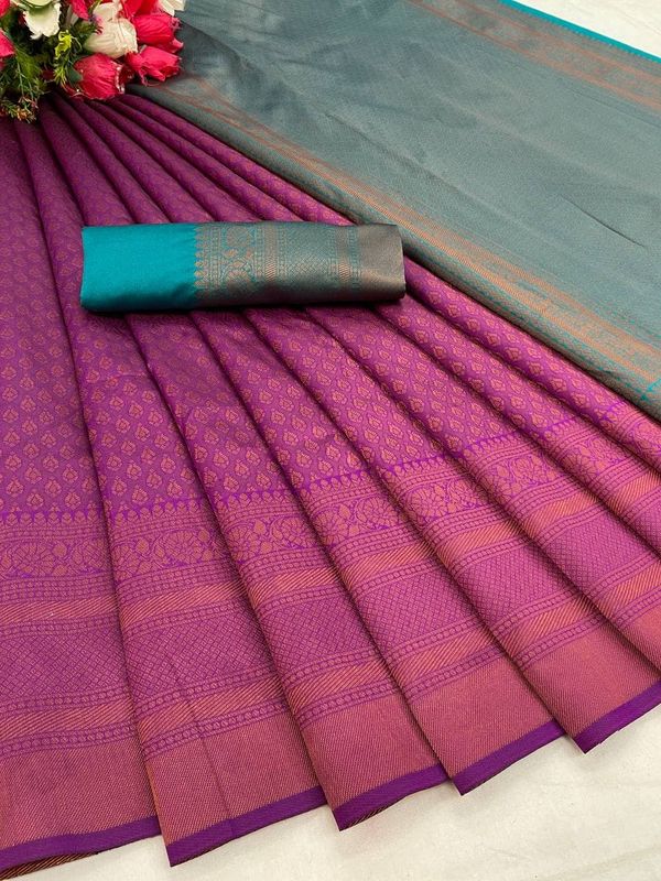 Purple Pink Banarasi Soft Silk Saree with Blue Pallu