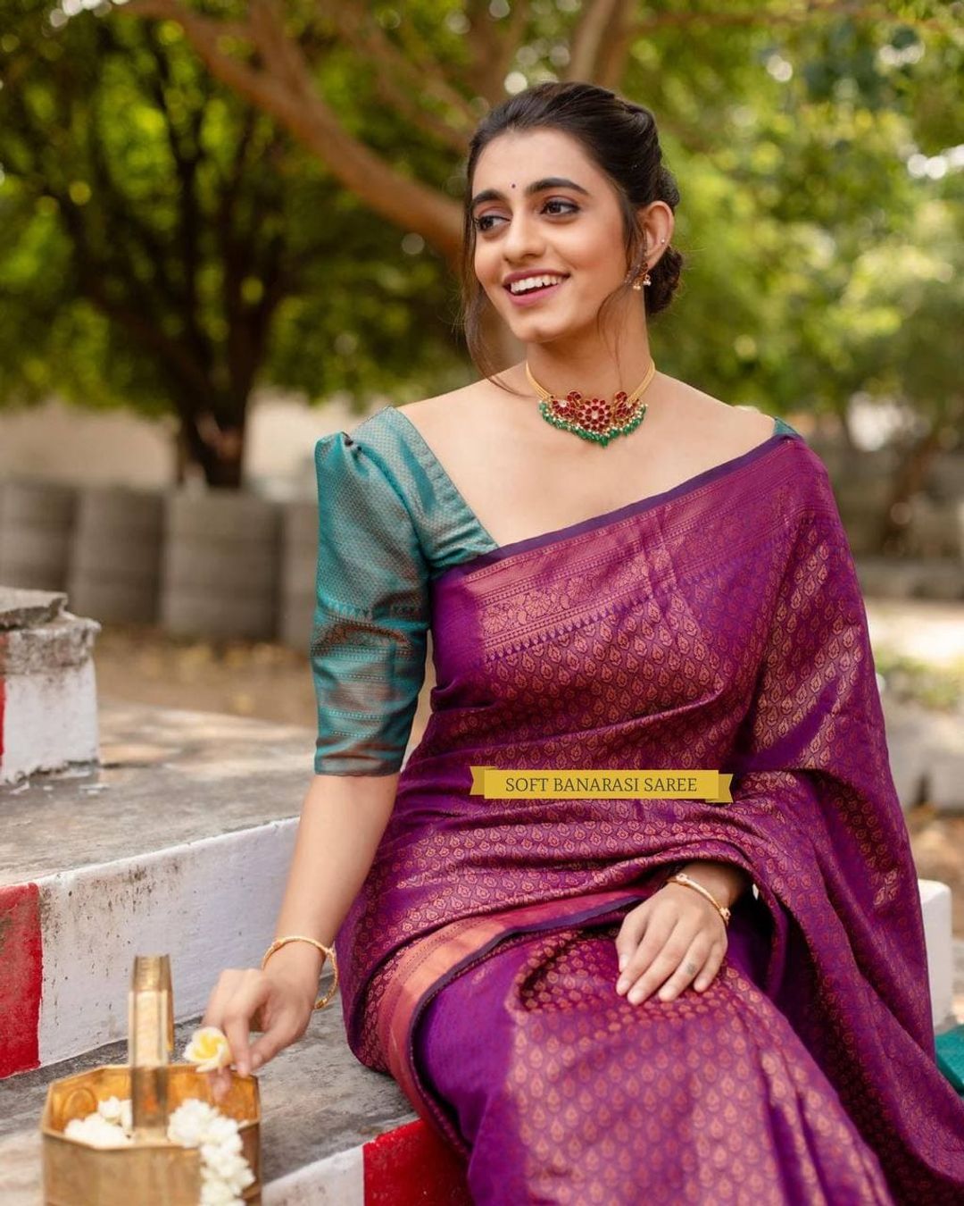 Purple Pink Banarasi Soft Silk Saree with Blue Pallu