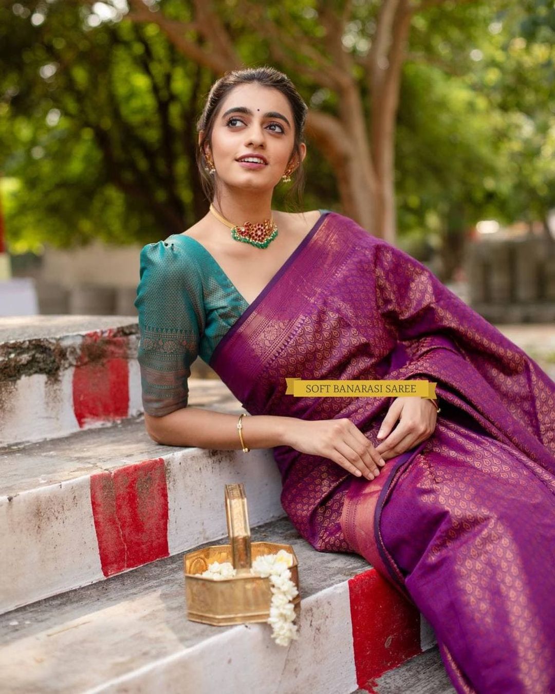 Purple Pink Banarasi Soft Silk Saree with Blue Pallu