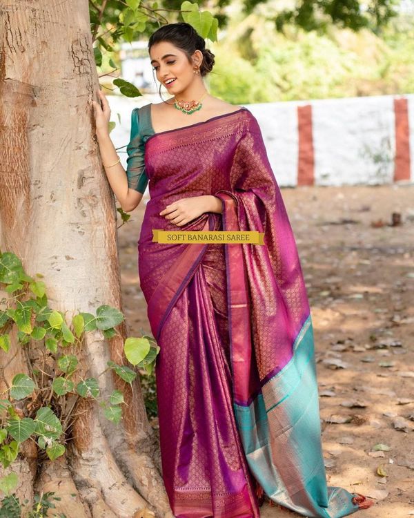 Purple Pink Banarasi Soft Silk Saree with Blue Pallu