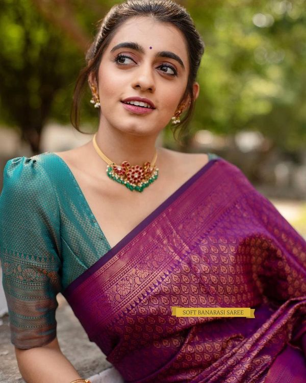 Purple Pink Banarasi Soft Silk Saree with Blue Pallu