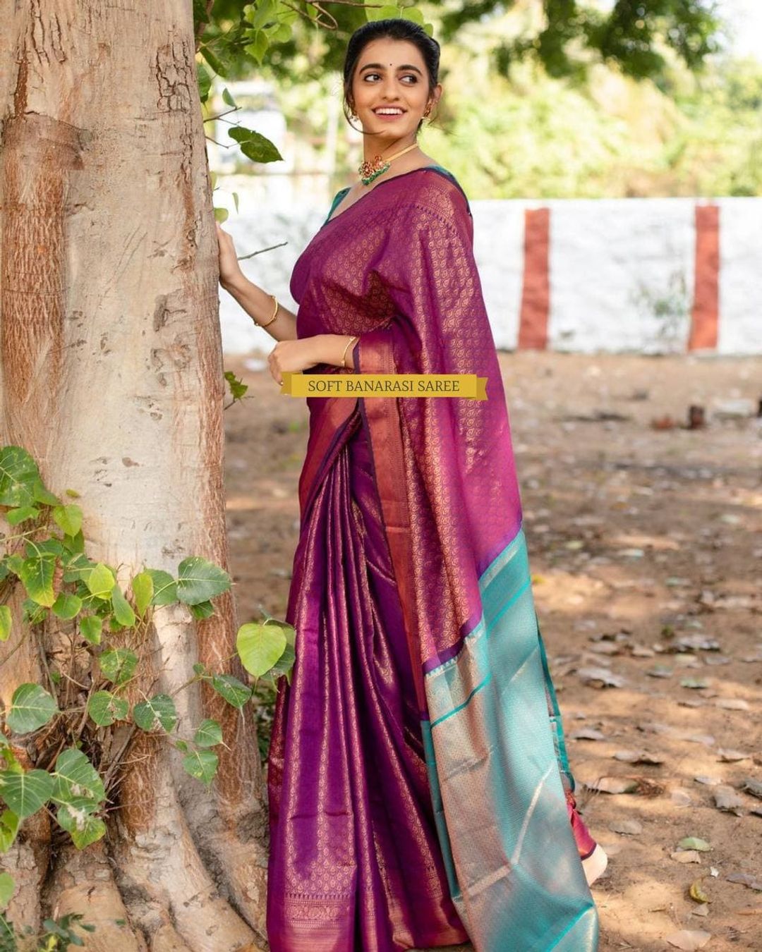 Purple Pink Banarasi Soft Silk Saree with Blue Pallu