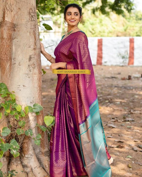 Purple Pink Banarasi Soft Silk Saree with Blue Pallu