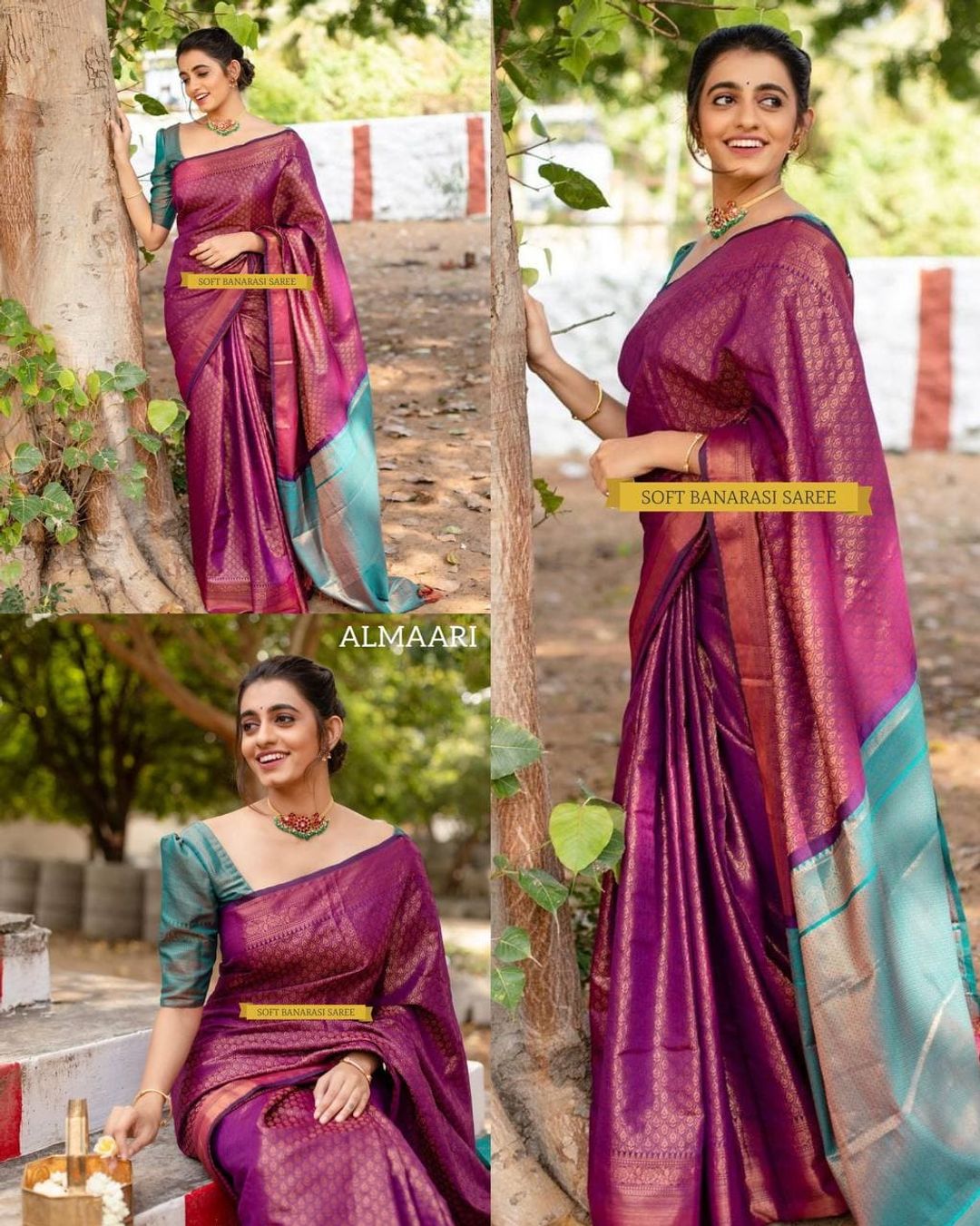 Purple Pink Banarasi Soft Silk Saree with Blue Pallu
