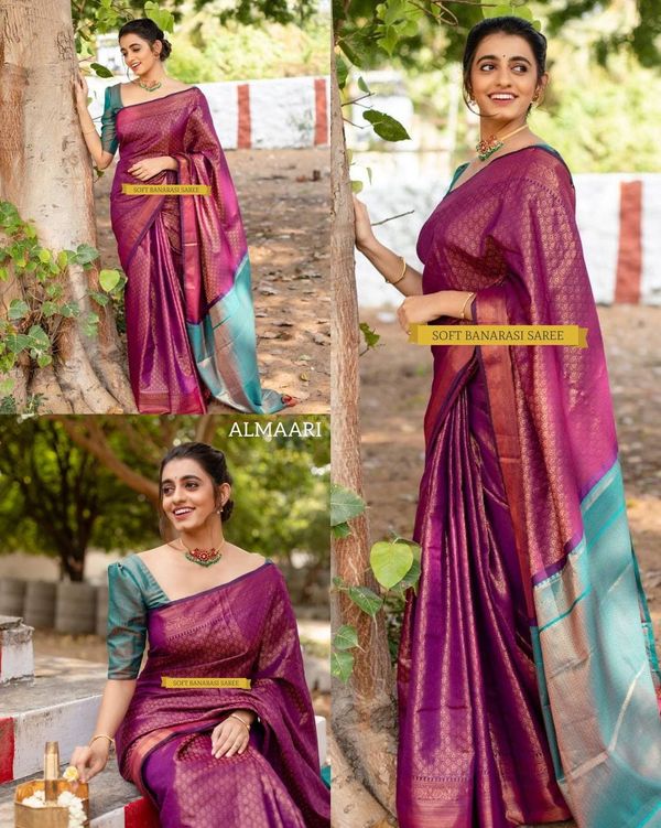 Purple Pink Banarasi Soft Silk Saree with Blue Pallu