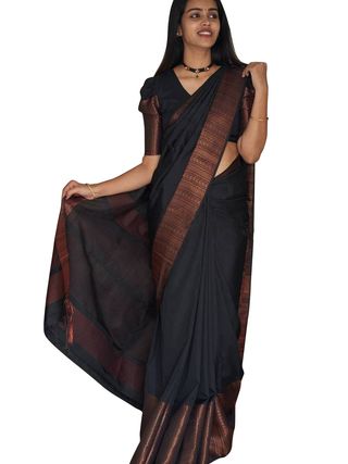 Black Banarasi Soft Silk Saree with Copper Woven Border