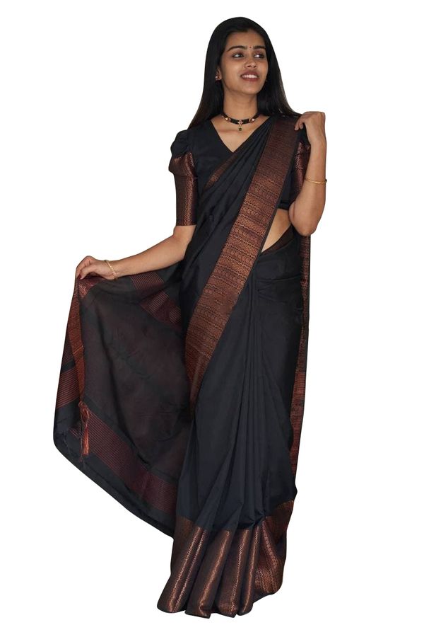 Black Banarasi Soft Silk Saree with Copper Woven Border