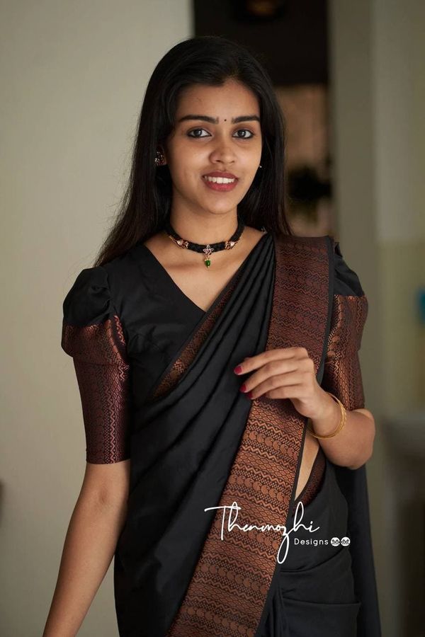 Black Banarasi Soft Silk Saree with Copper Woven Border