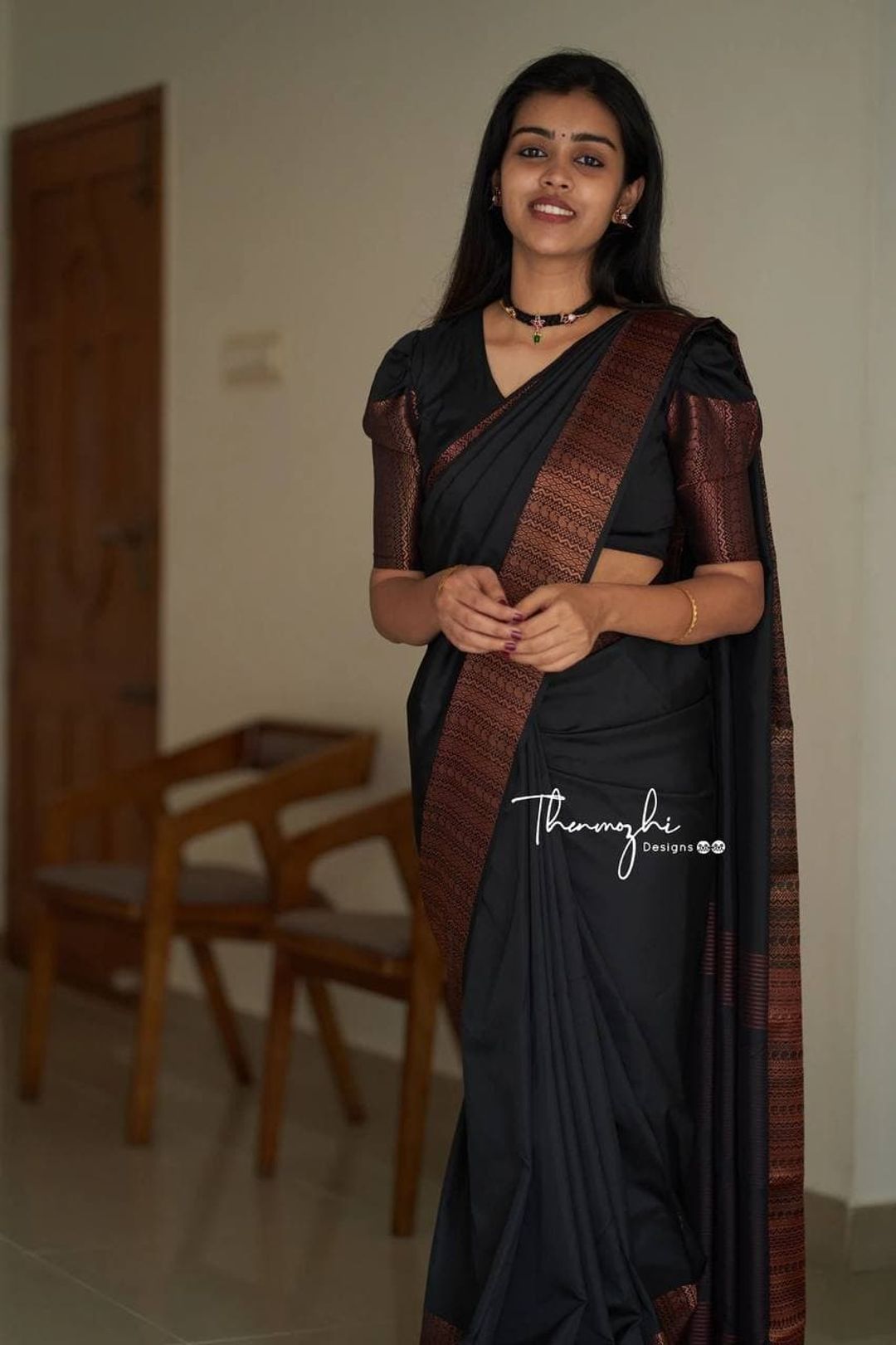 Black Banarasi Soft Silk Saree with Copper Woven Border