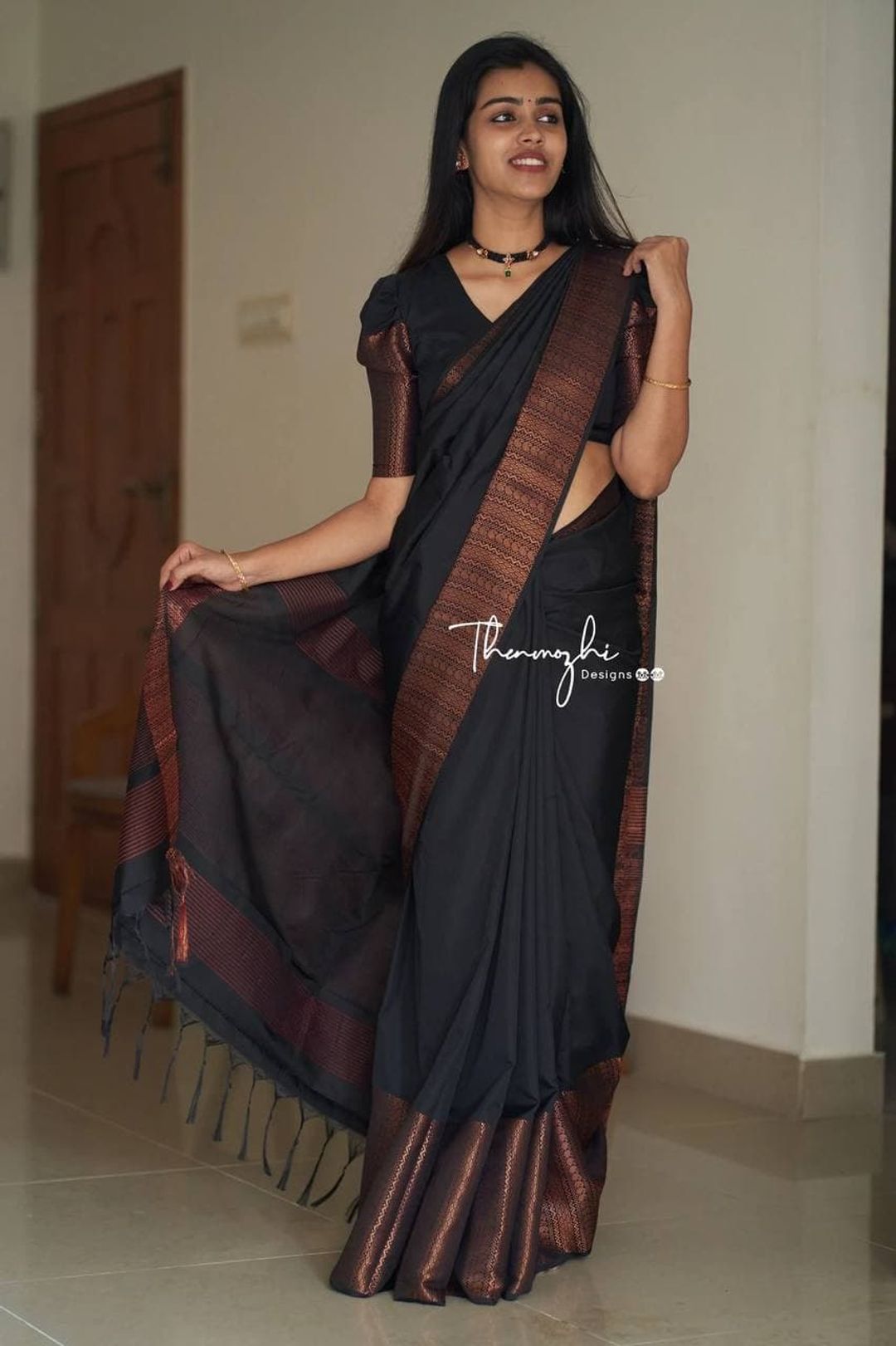 Black Banarasi Soft Silk Saree with Copper Woven Border