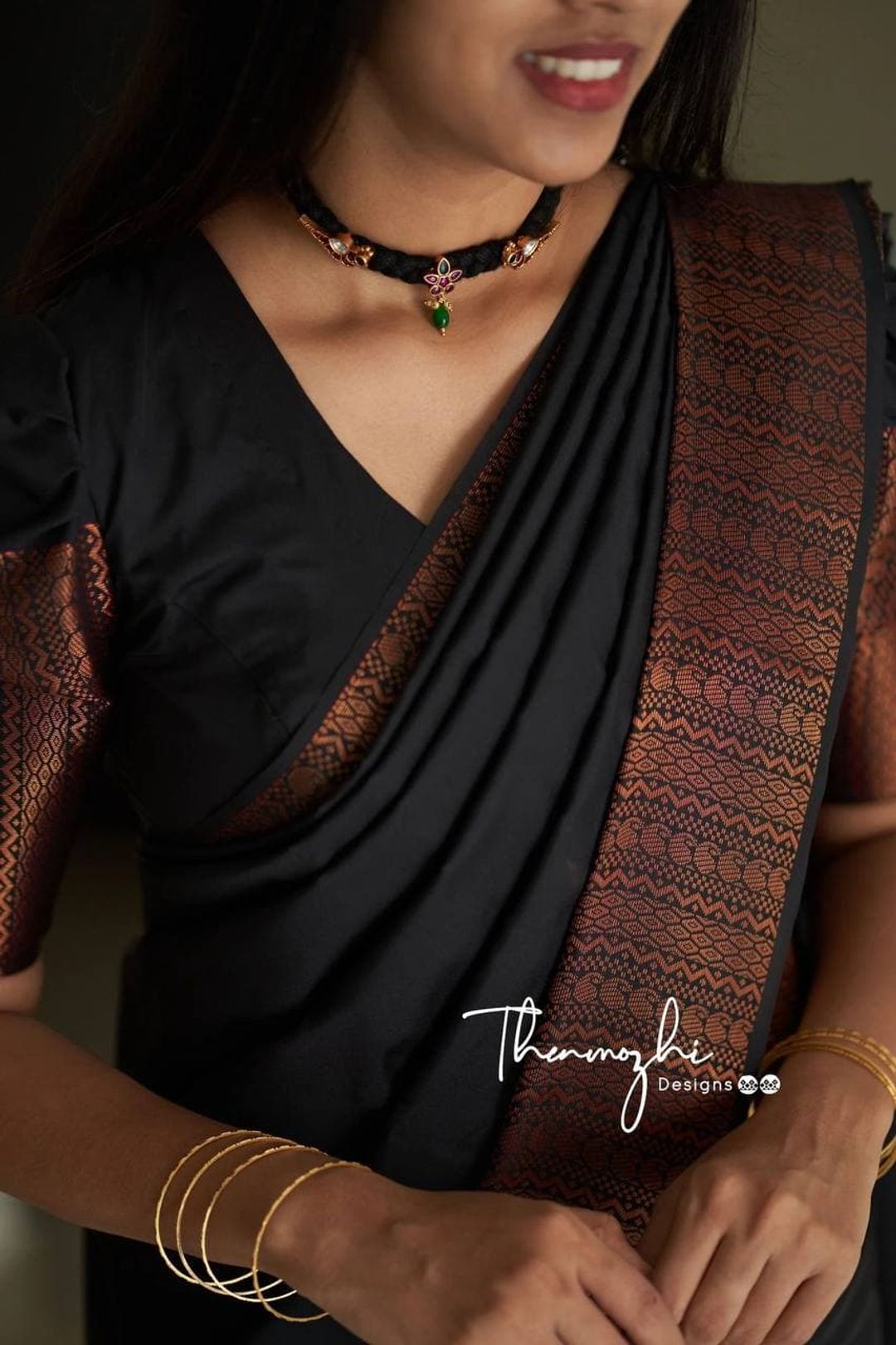 Black Banarasi Soft Silk Saree with Copper Woven Border