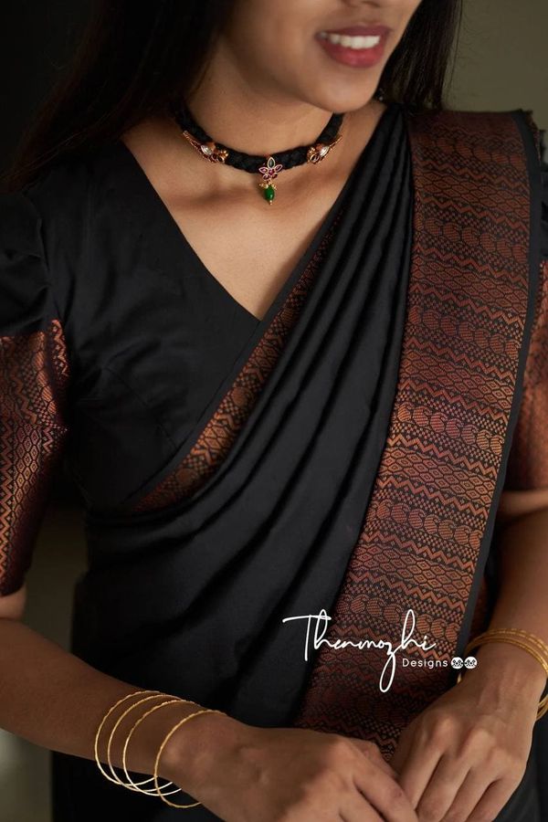 Black Banarasi Soft Silk Saree with Copper Woven Border