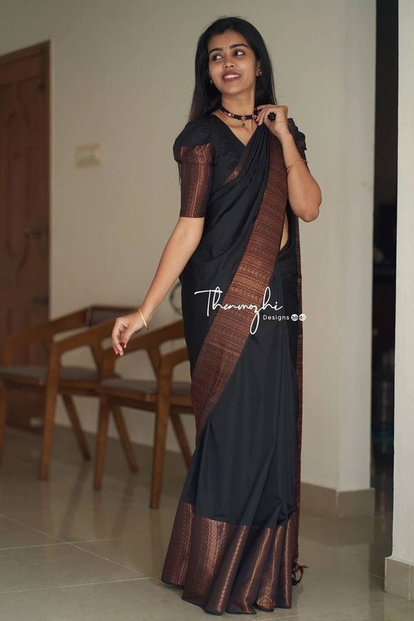 Black Banarasi Soft Silk Saree with Copper Woven Border