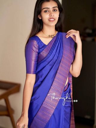Royal Blue Banarasi Soft Silk Saree with Copper Woven Border