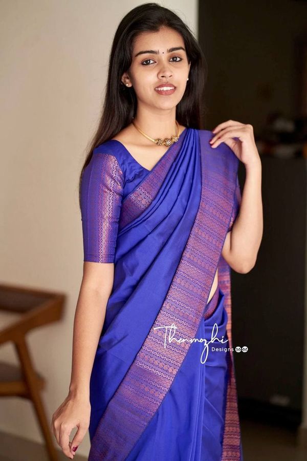 Royal Blue Banarasi Soft Silk Saree with Copper Woven Border