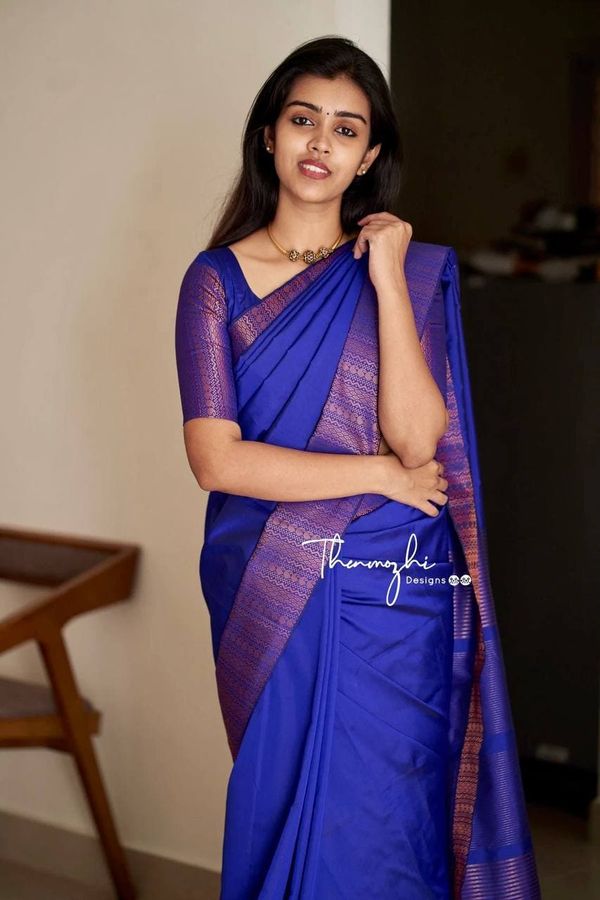 Royal Blue Banarasi Soft Silk Saree with Copper Woven Border