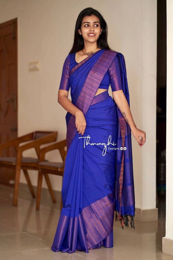 Royal Blue Banarasi Soft Silk Saree with Copper Woven Border