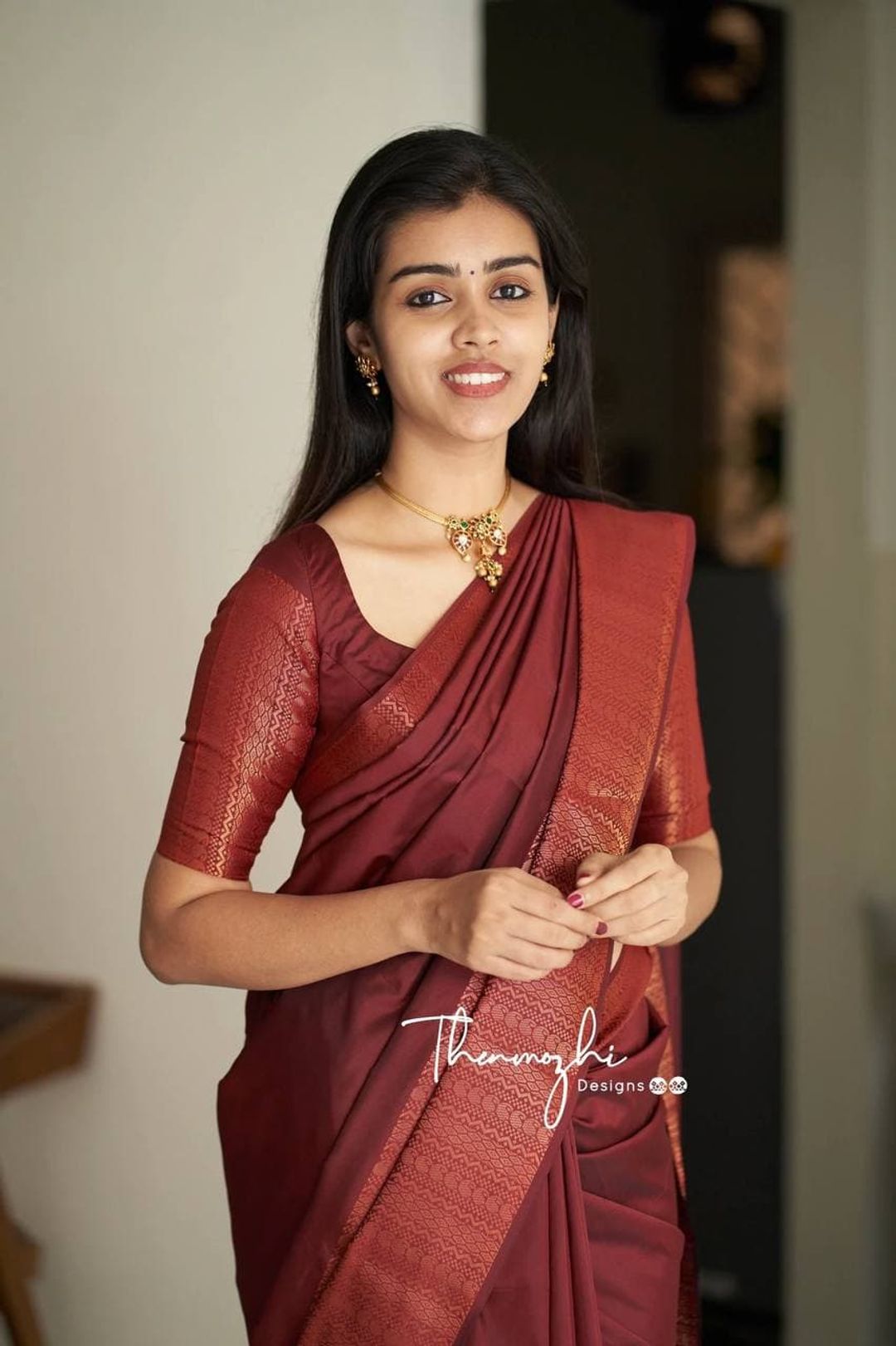 Deep Maroon Banarasi Soft Silk Saree with Copper Border