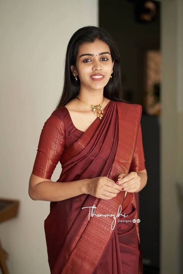 Deep Maroon Banarasi Soft Silk Saree with Copper Border