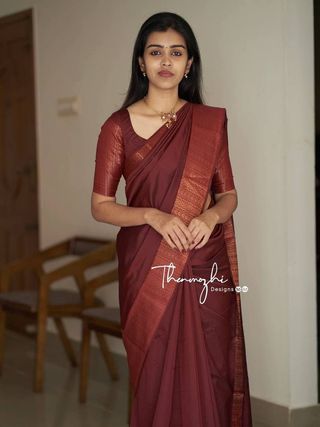 Deep Maroon Banarasi Soft Silk Saree with Copper Border