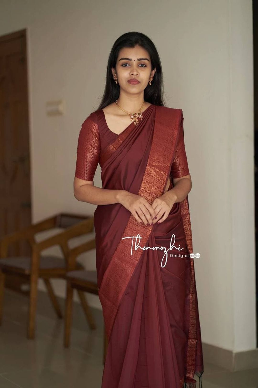 Deep Maroon Banarasi Soft Silk Saree with Copper Border