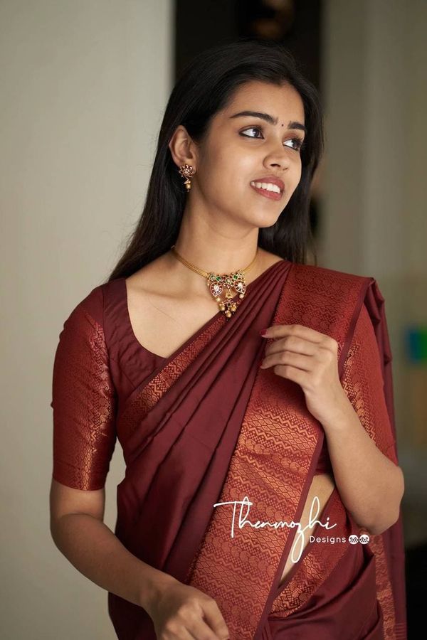 Deep Maroon Banarasi Soft Silk Saree with Copper Border