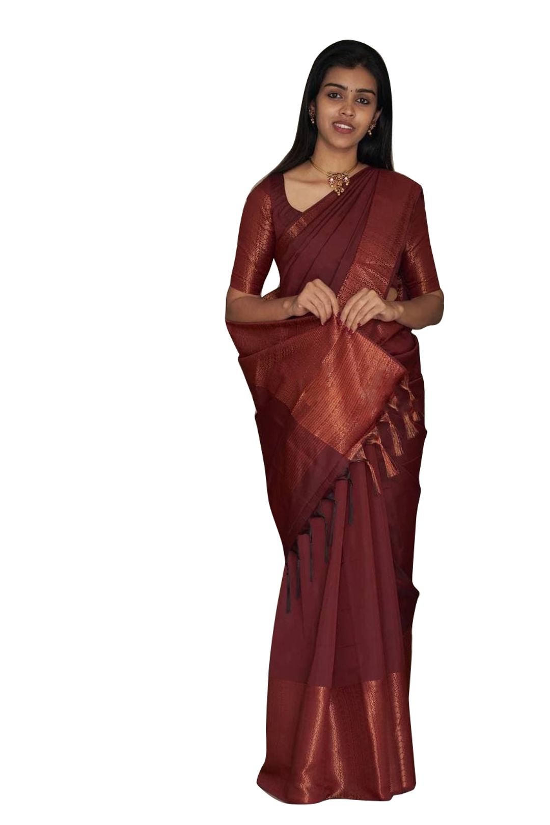 Deep Maroon Banarasi Soft Silk Saree with Copper Border