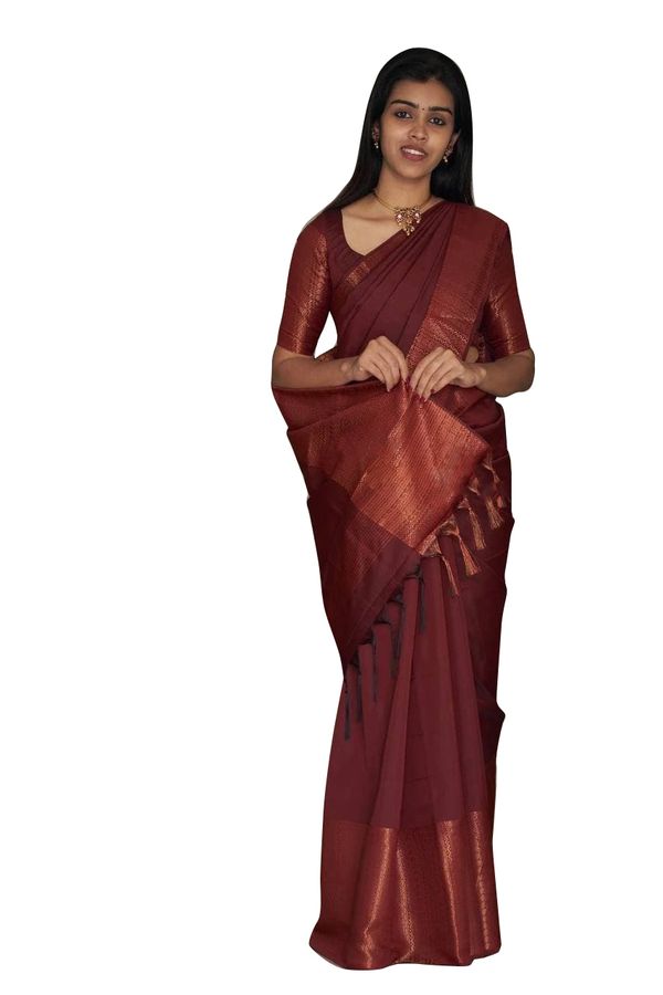 Deep Maroon Banarasi Soft Silk Saree with Copper Border