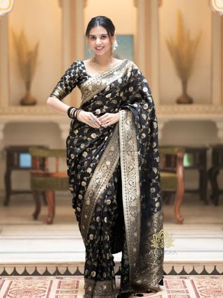 Black Banarasi Soft Silk Saree with Gold Floral Motifs