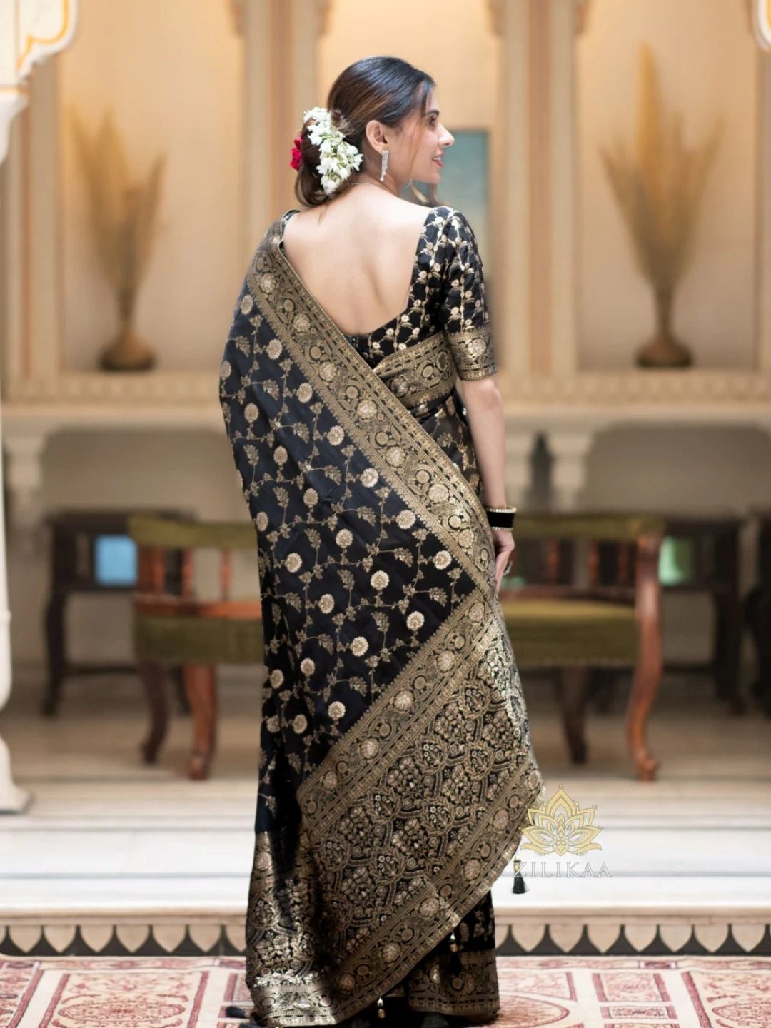 Black Banarasi Soft Silk Saree with Gold Floral Motifs