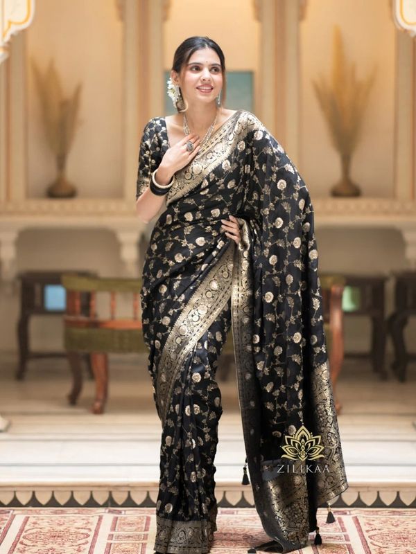 Black Banarasi Soft Silk Saree with Gold Floral Motifs