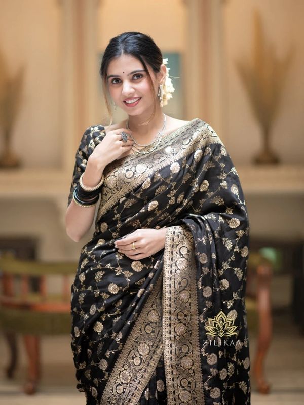 Black Banarasi Soft Silk Saree with Gold Floral Motifs