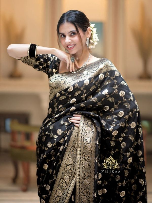 Black Banarasi Soft Silk Saree with Gold Floral Motifs