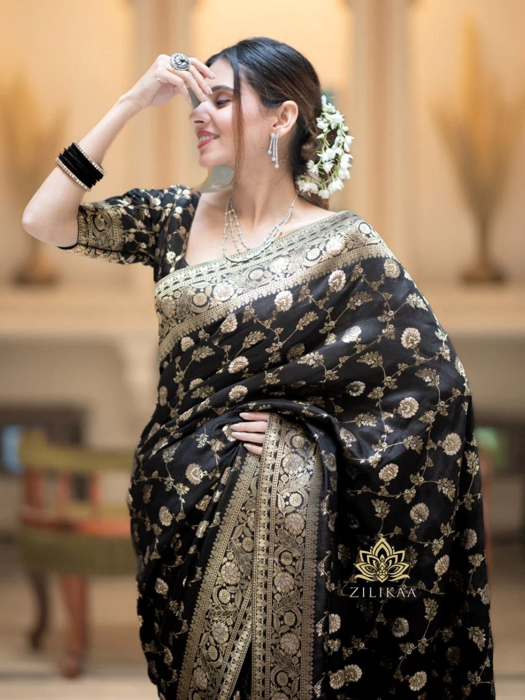 Black Banarasi Soft Silk Saree with Gold Floral Motifs