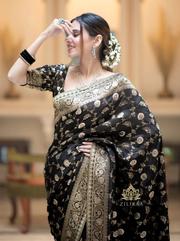 Black Banarasi Soft Silk Saree with Gold Floral Motifs