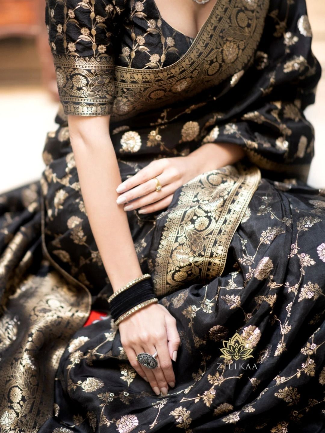 Black Banarasi Soft Silk Saree with Gold Floral Motifs
