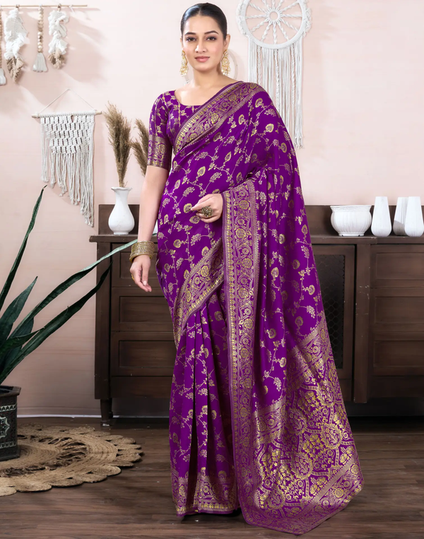 Purple Banarasi Soft Silk Saree with Gold Floral Zari Work