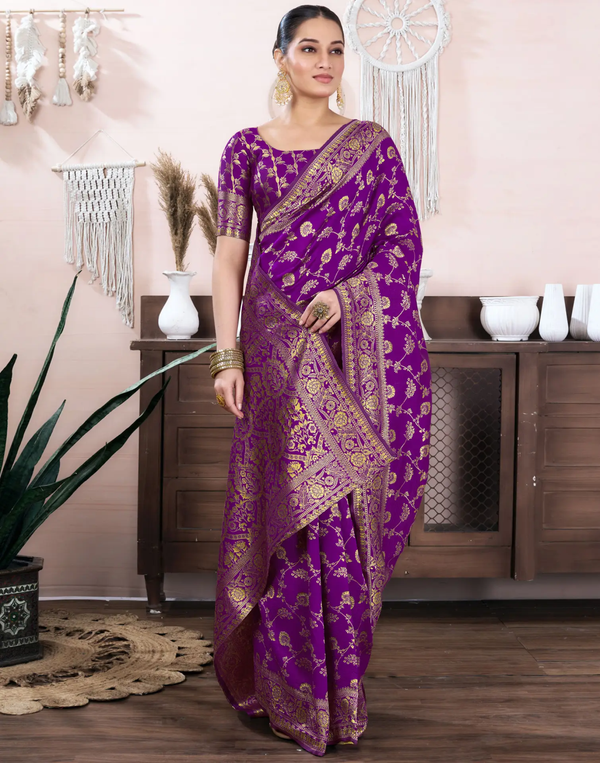 Purple Banarasi Soft Silk Saree with Gold Floral Zari Work