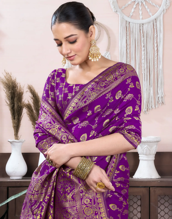 Purple Banarasi Soft Silk Saree with Gold Floral Zari Work