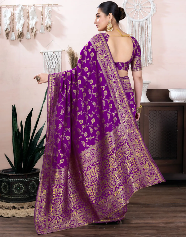 Purple Banarasi Soft Silk Saree with Gold Floral Zari Work