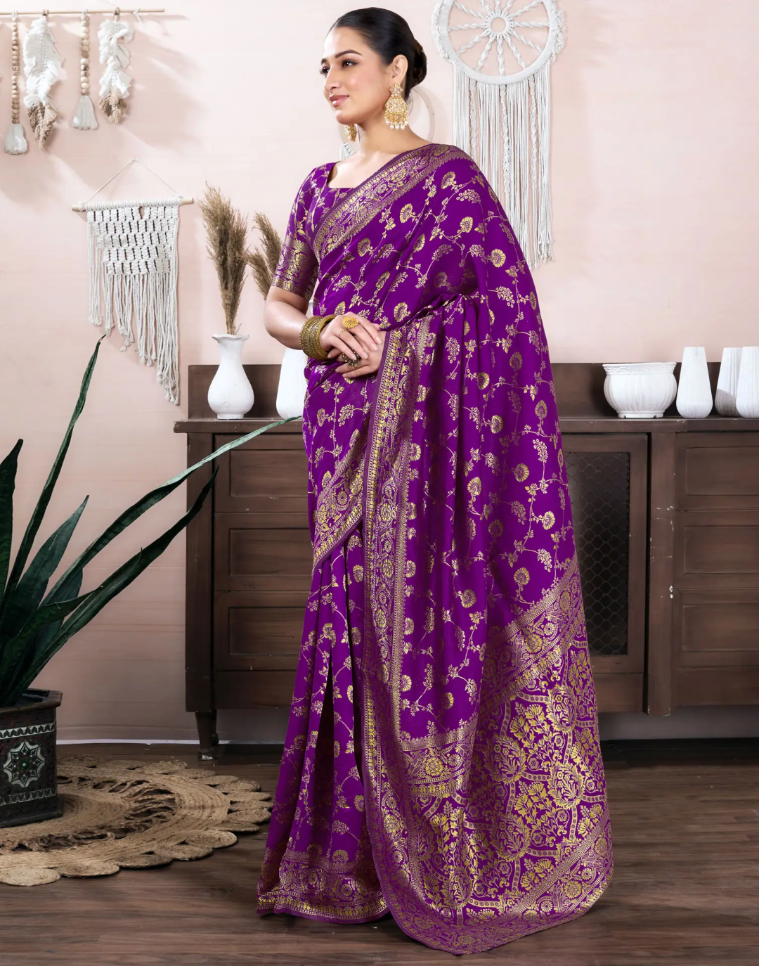 Purple Banarasi Soft Silk Saree with Gold Floral Zari Work