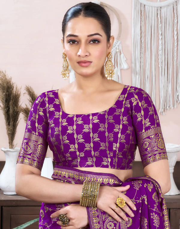 Purple Banarasi Soft Silk Saree with Gold Floral Zari Work