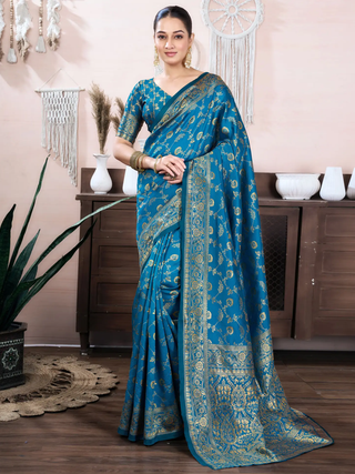 Teal Blue Banarasi Soft Silk Saree with Gold Floral Work