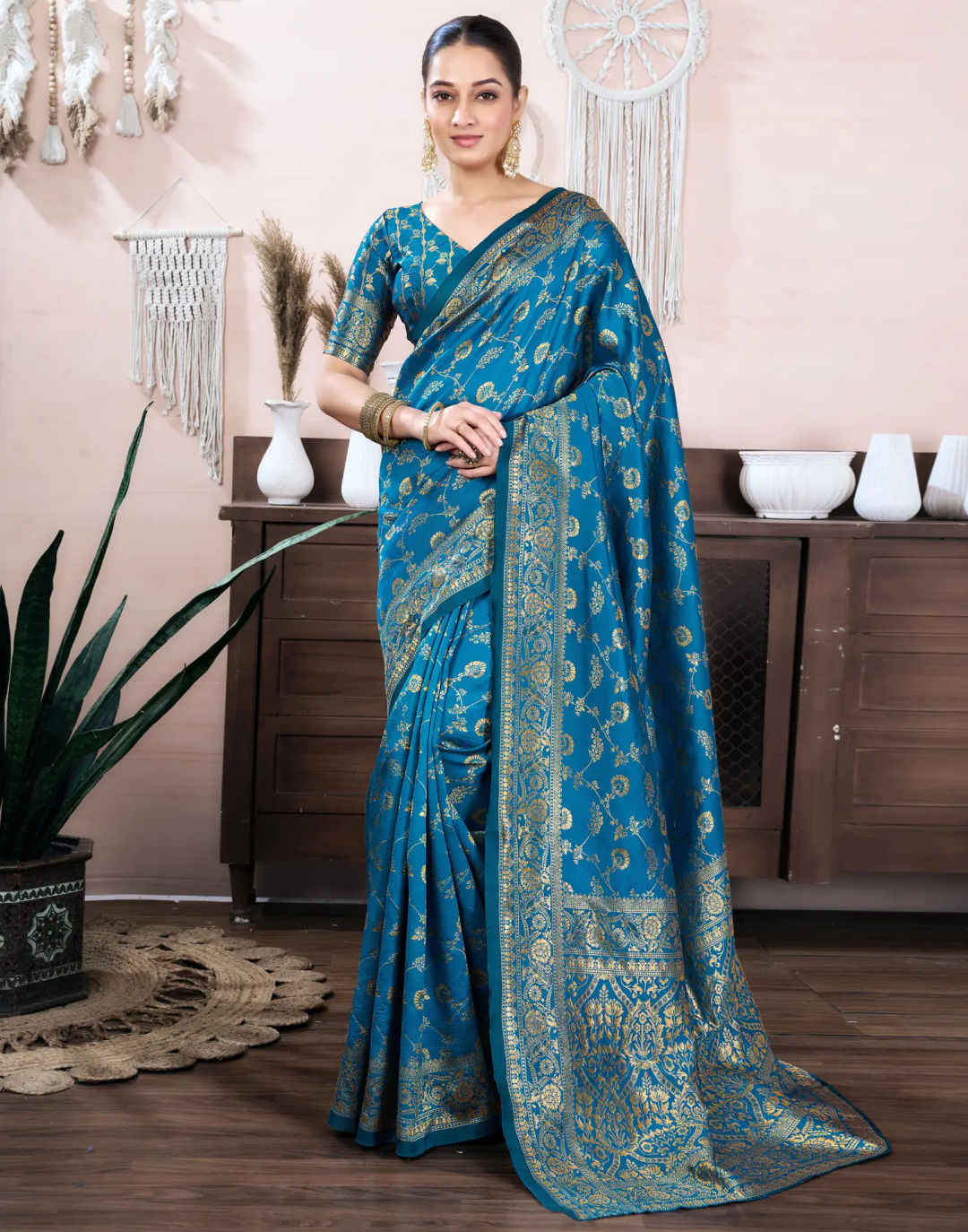 Teal Blue Banarasi Soft Silk Saree with Gold Floral Work