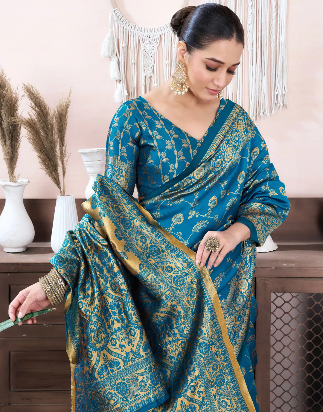 Teal Blue Banarasi Soft Silk Saree with Gold Floral Work