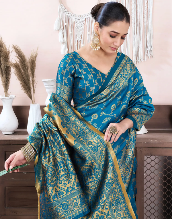 Teal Blue Banarasi Soft Silk Saree with Gold Floral Work